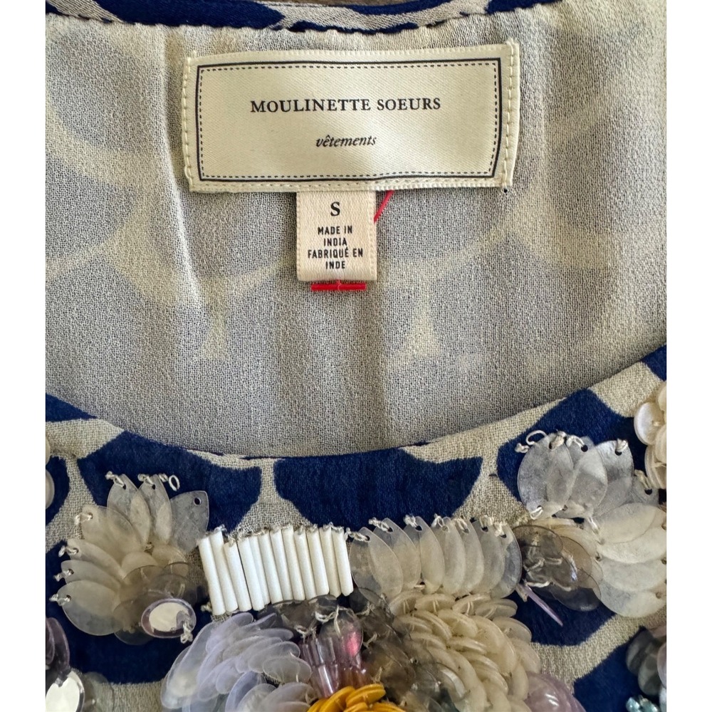 Moulinette Soeurs  for Anthropologie Blouse Sz S Blue White Beaded Embellished - Picture 10 of 10